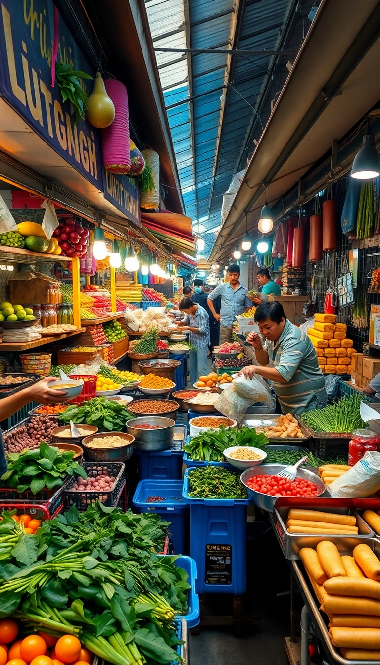 Vibrant Vietnamese street food market scene.