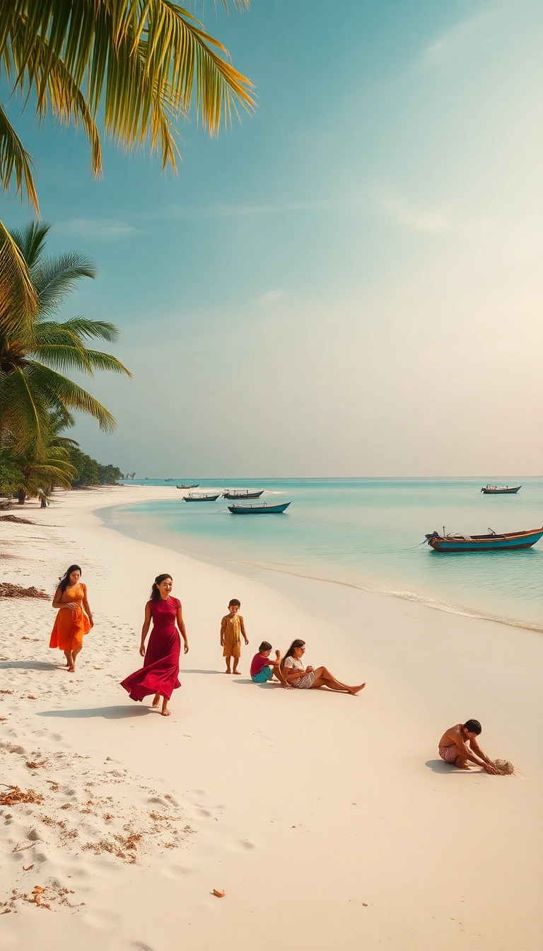Vietnam beach: boats, sand, and palms.