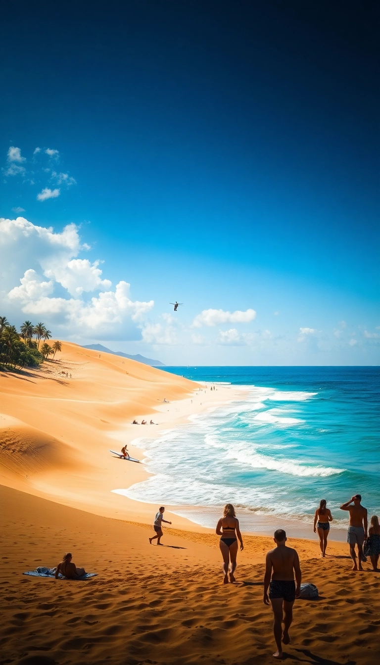 Vietnam beach: kite surfers, golden sand.
