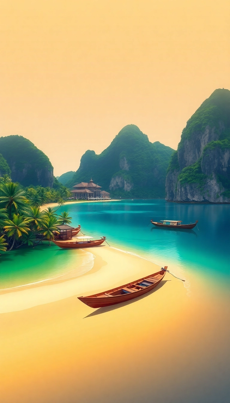 Vietnam beach resort with limestone karsts.