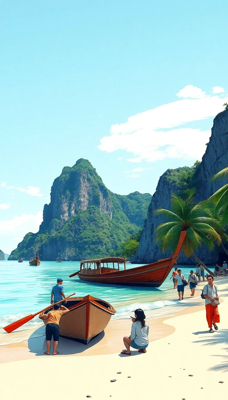 Vietnam coastal karst landscape with longtail boat.