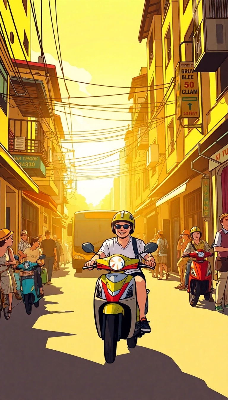 Vietnam street scene: scooter, bus, vendors.