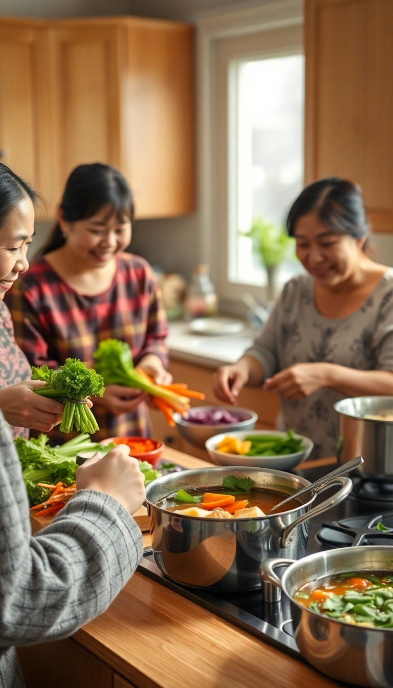 Vietnamese-American family cooking together, joyful kitchen.