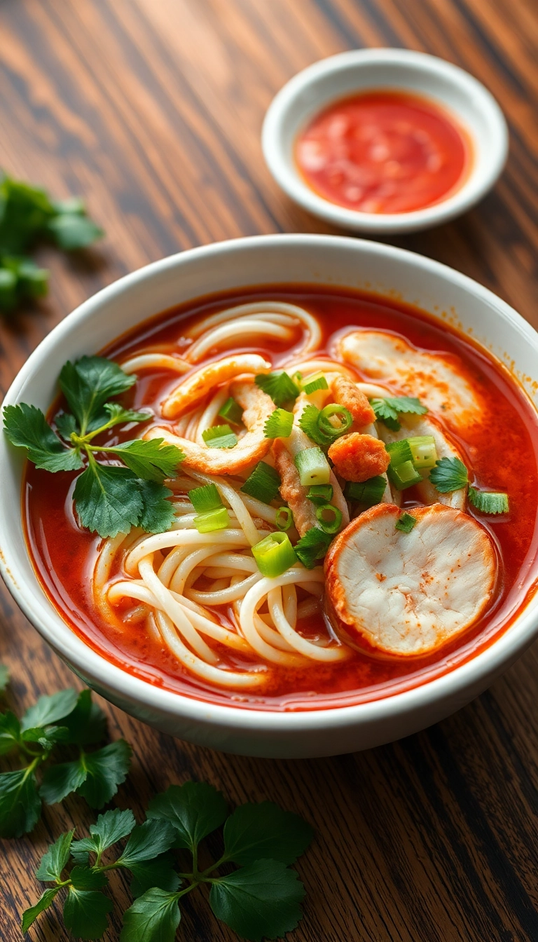 Vietnamese Banh Canh noodle soup closeup.