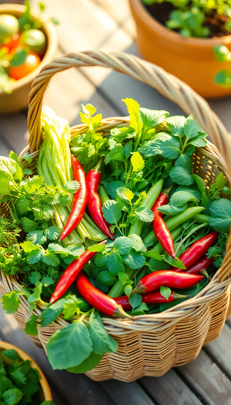 Vietnamese basket overflowing with fresh herbs.