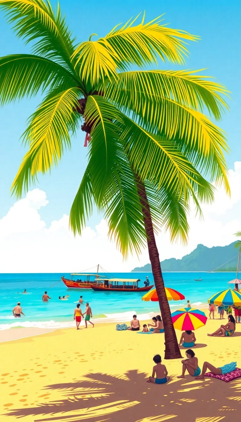 Vietnamese beach: palm, sea, & sandcastle.