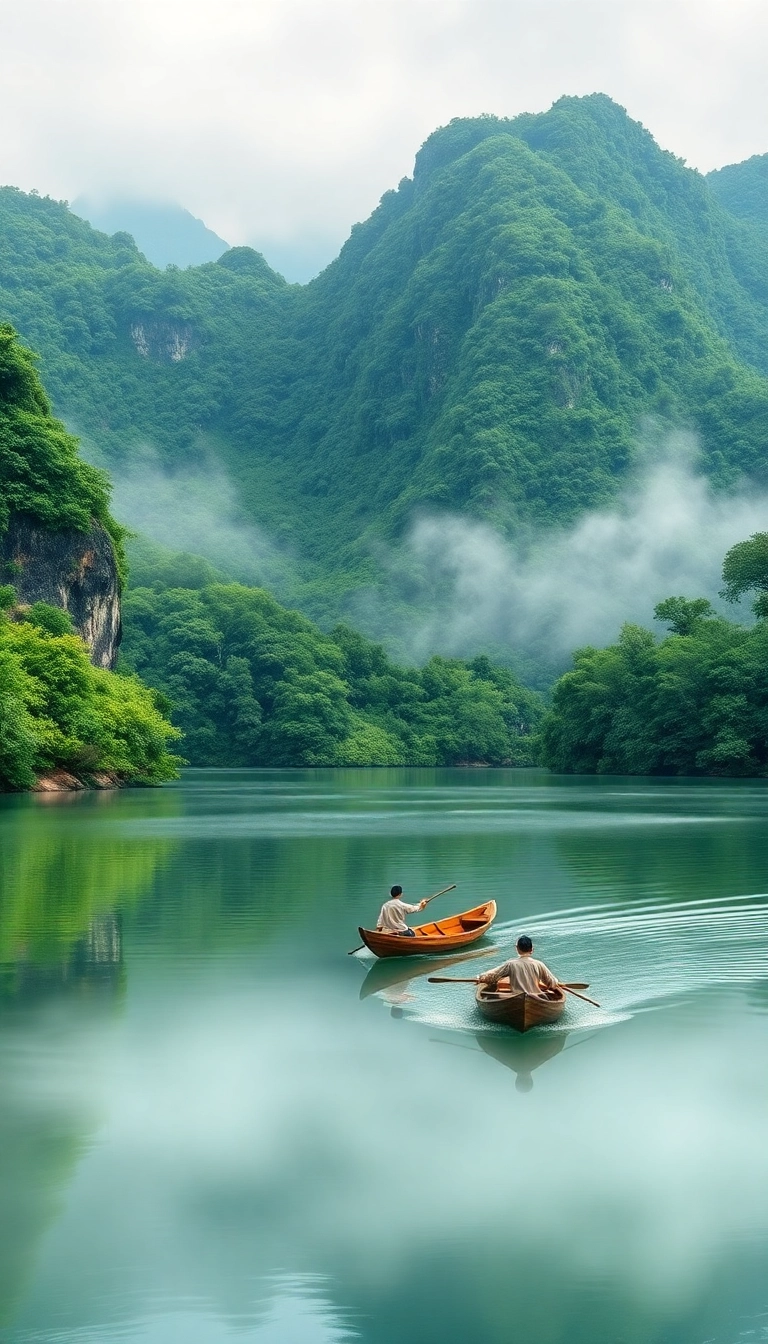 Vietnamese boat on misty karst lake.