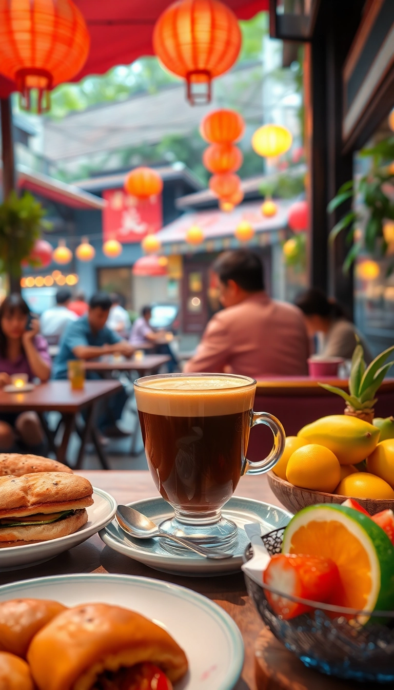 Vietnamese breakfast: coffee, bánh mì, fruit.