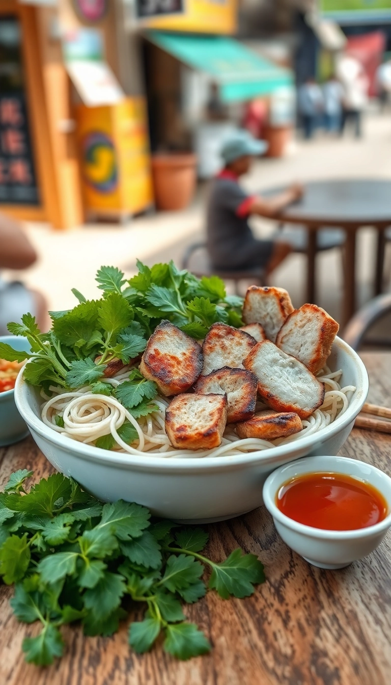 Vietnamese bún chả with herbs & sauce.