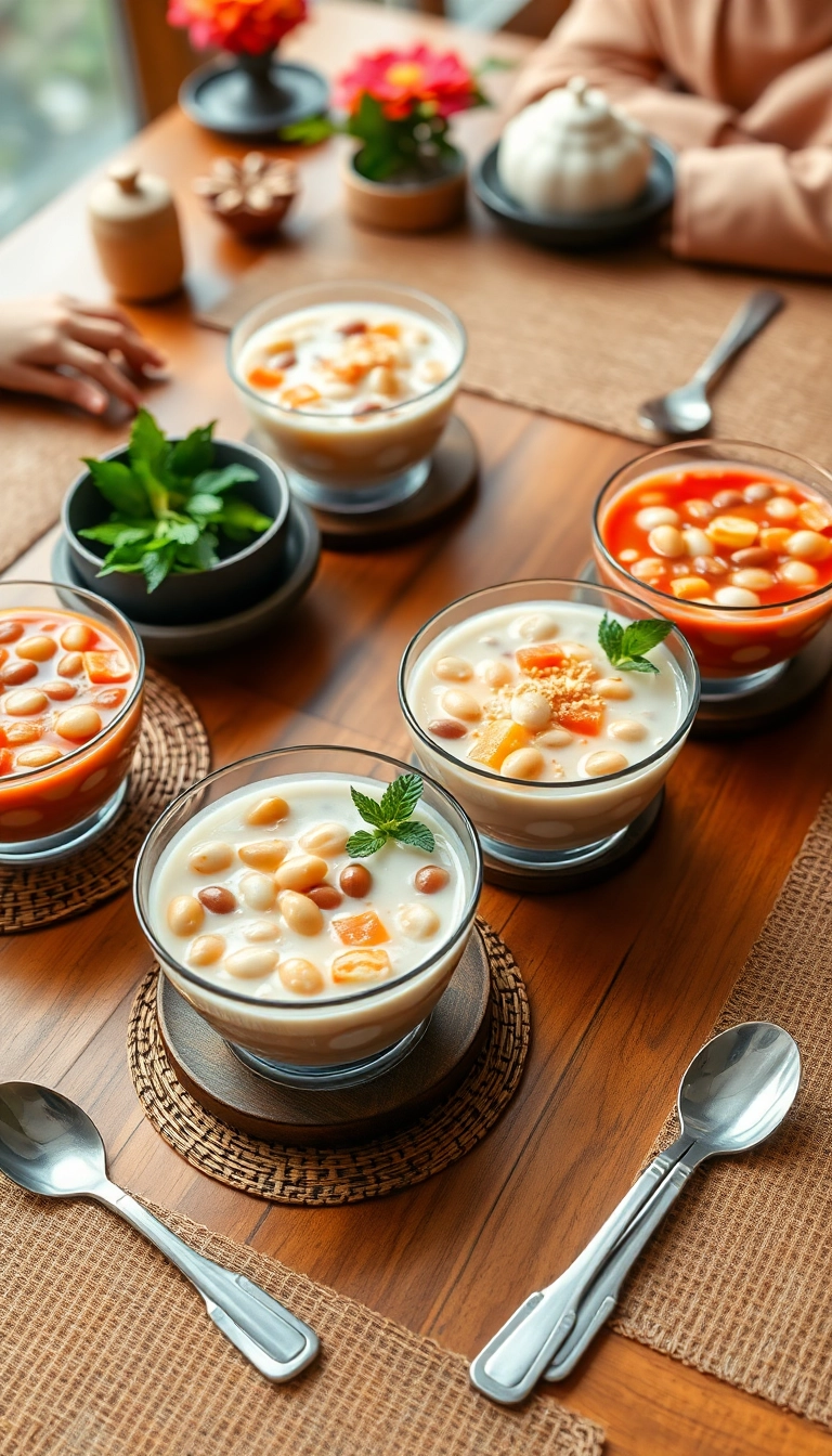 Vietnamese chè sweet soups, festive table setting.