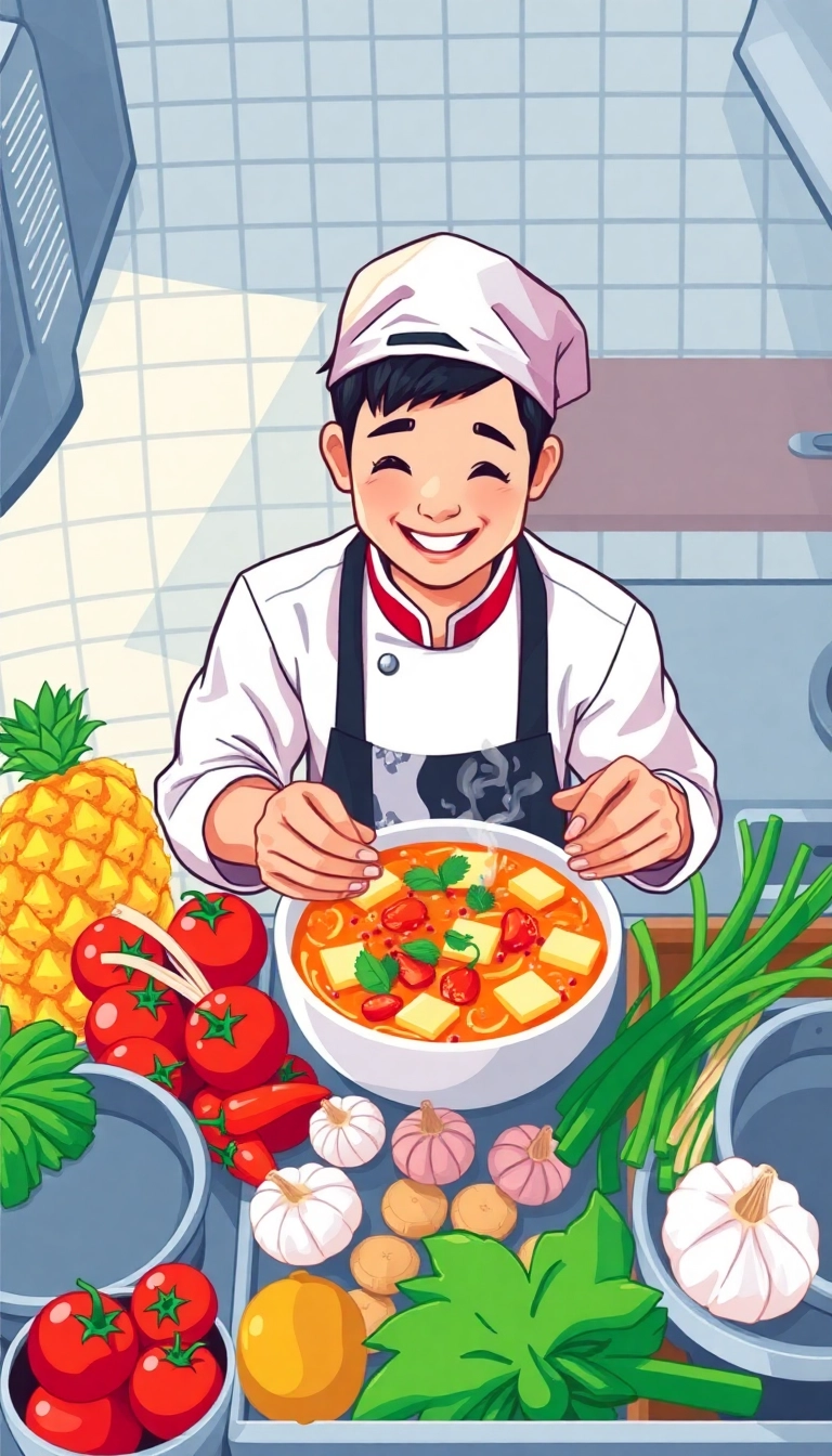 Vietnamese chef preparing vibrant Canh Chua soup.