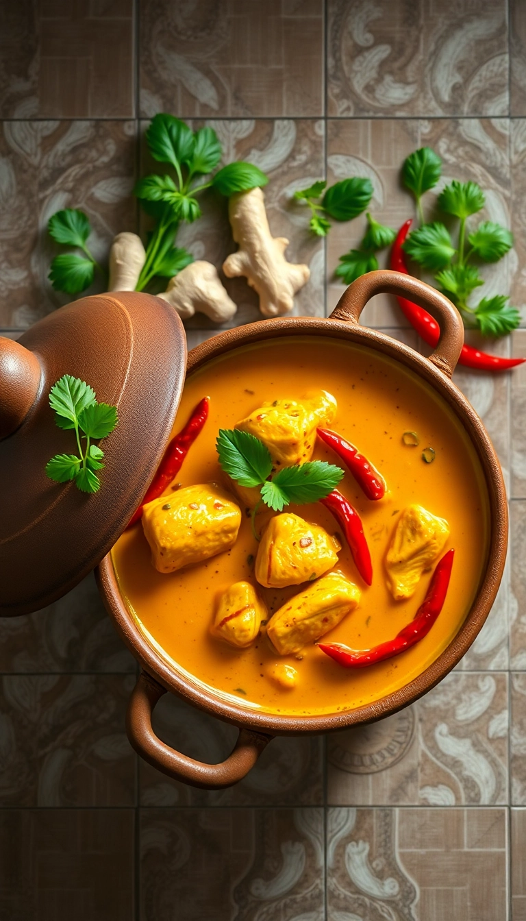 Vietnamese chicken curry in clay pot.