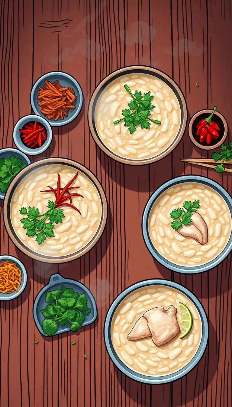Vietnamese chicken rice porridge bowls.