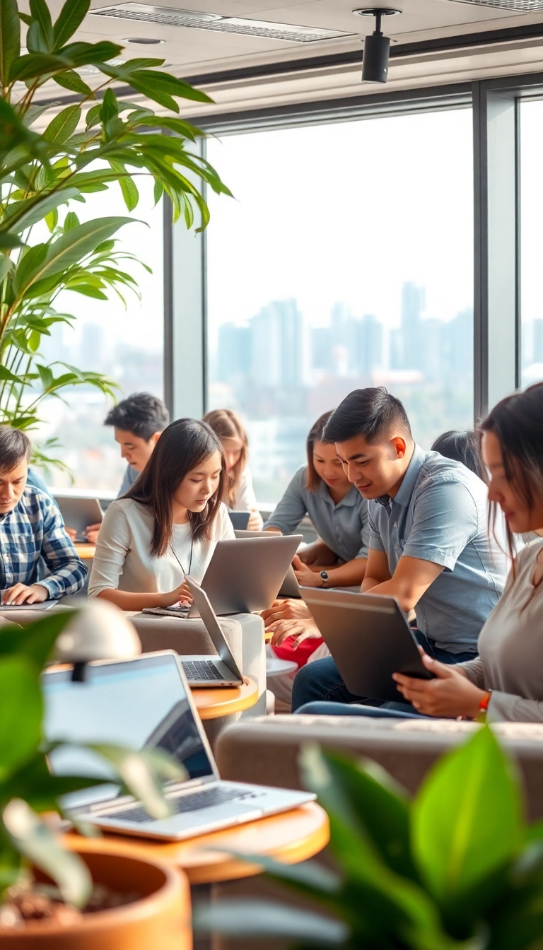 Vietnamese co-working space, people working intently.