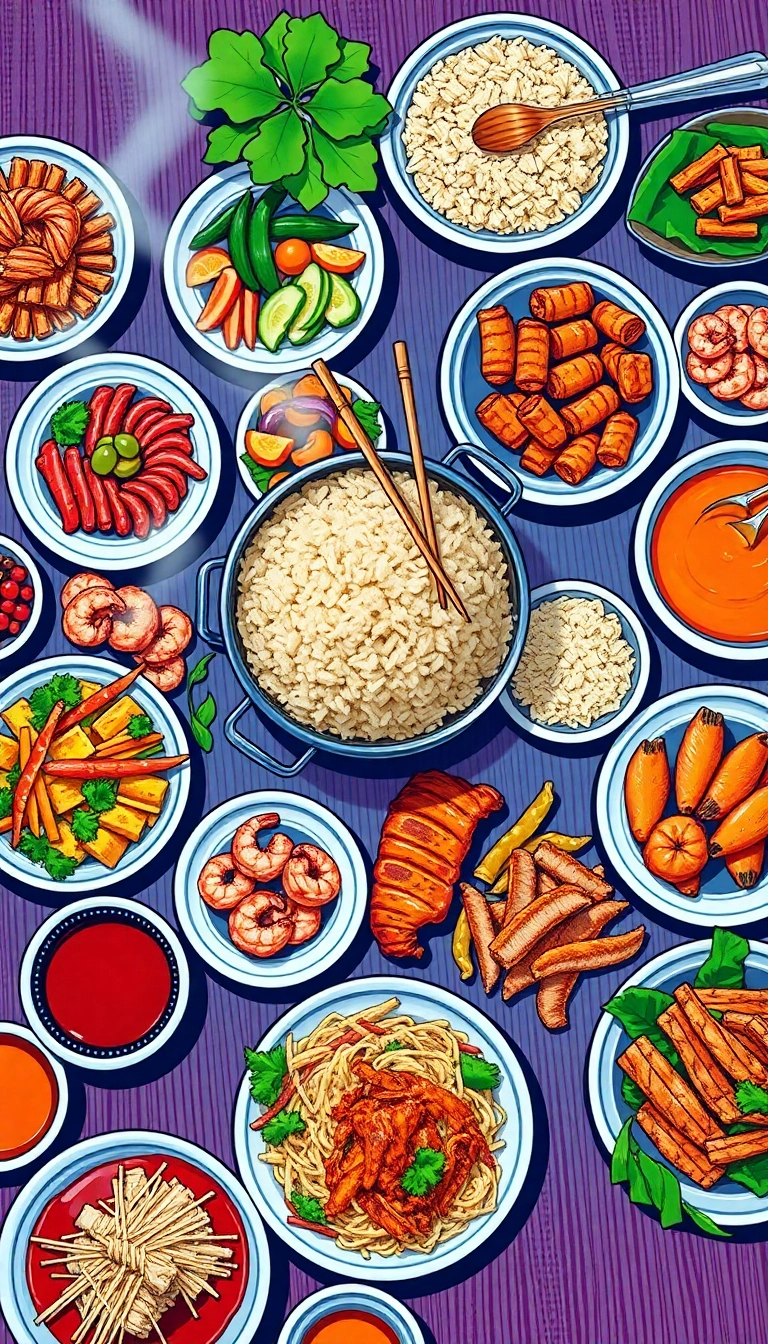 Vietnamese Com Tam broken rice dish spread.