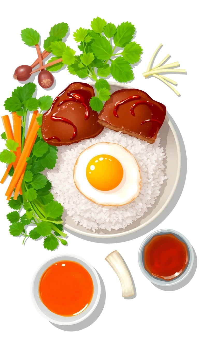 Vietnamese Com Tam ingredients, broken rice dish.