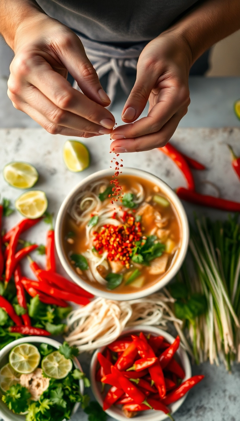 Vietnamese cook adding chili to pho.