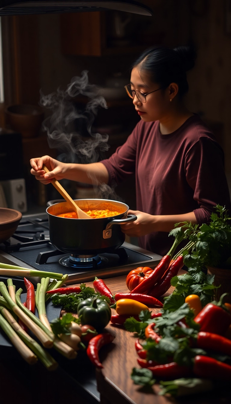 Vietnamese cook stirring vibrant curry pot.
