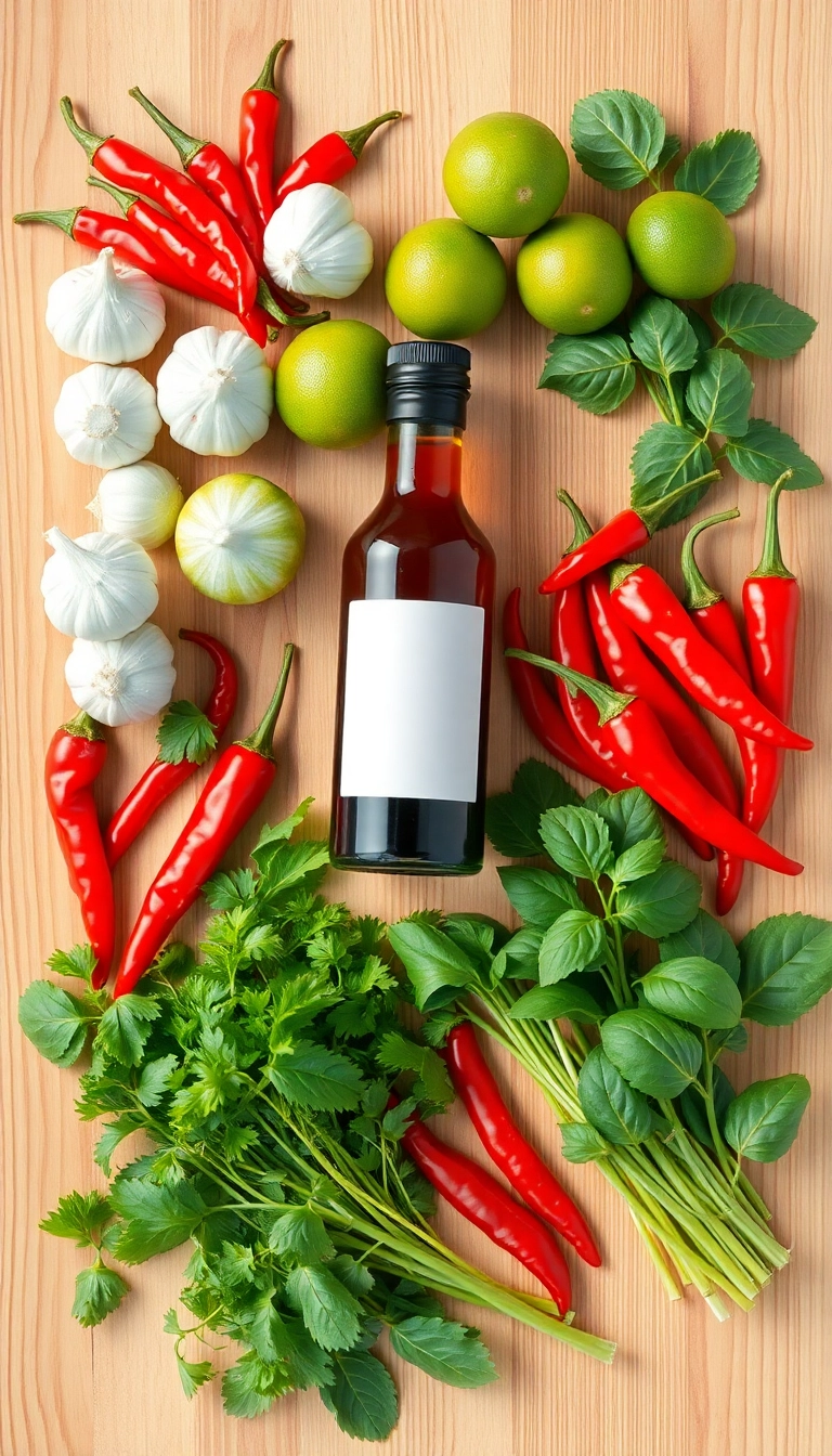 Vietnamese cooking ingredients: chili, garlic, herbs.