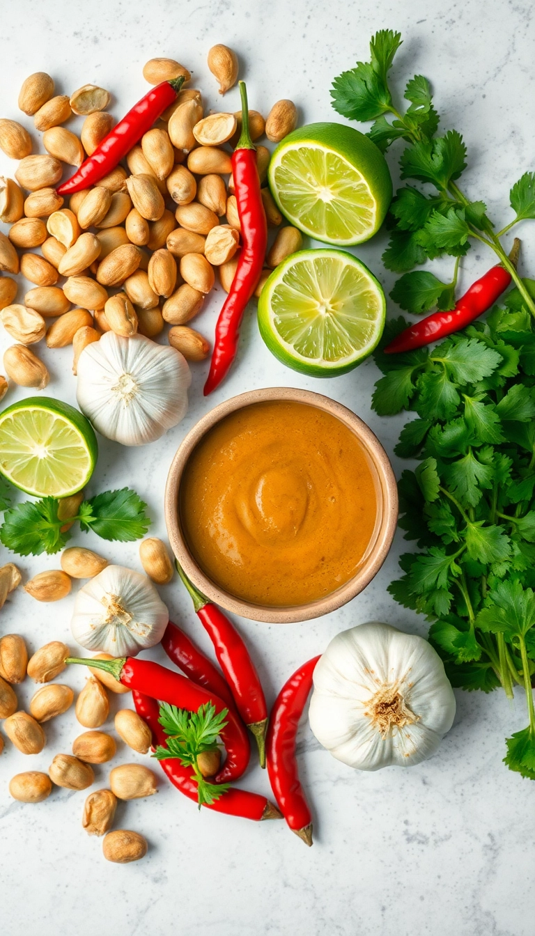 Vietnamese cooking ingredients: peanuts, chilies, herbs.