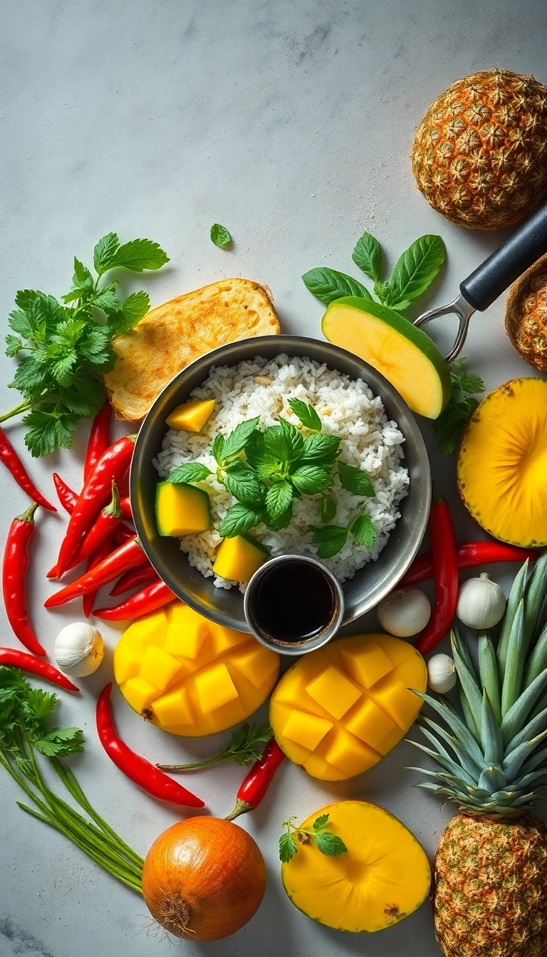 Vietnamese cooking ingredients with wok.
