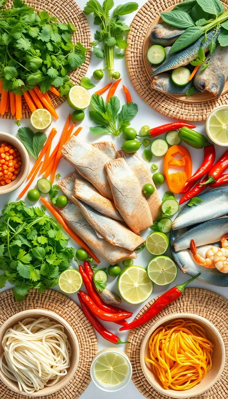Vietnamese cuisine fresh ingredients flat lay.