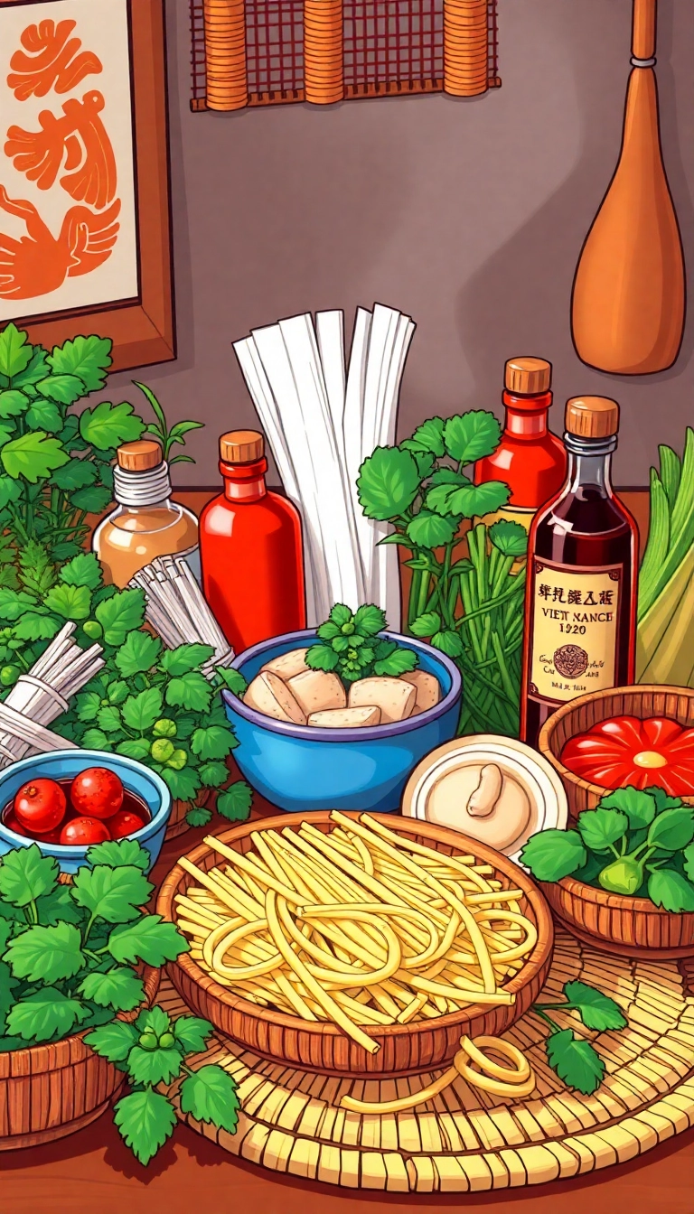 Vietnamese cuisine ingredients, herbs, spices display.