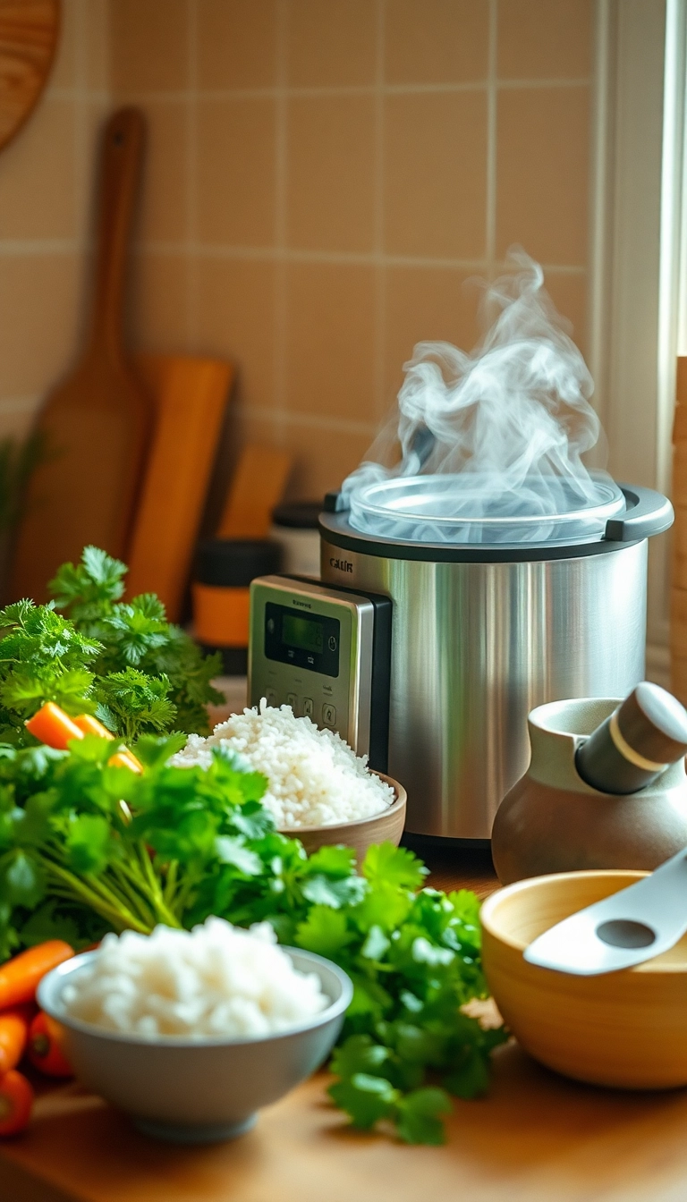 Vietnamese cuisine: rice cooker, fresh ingredients.