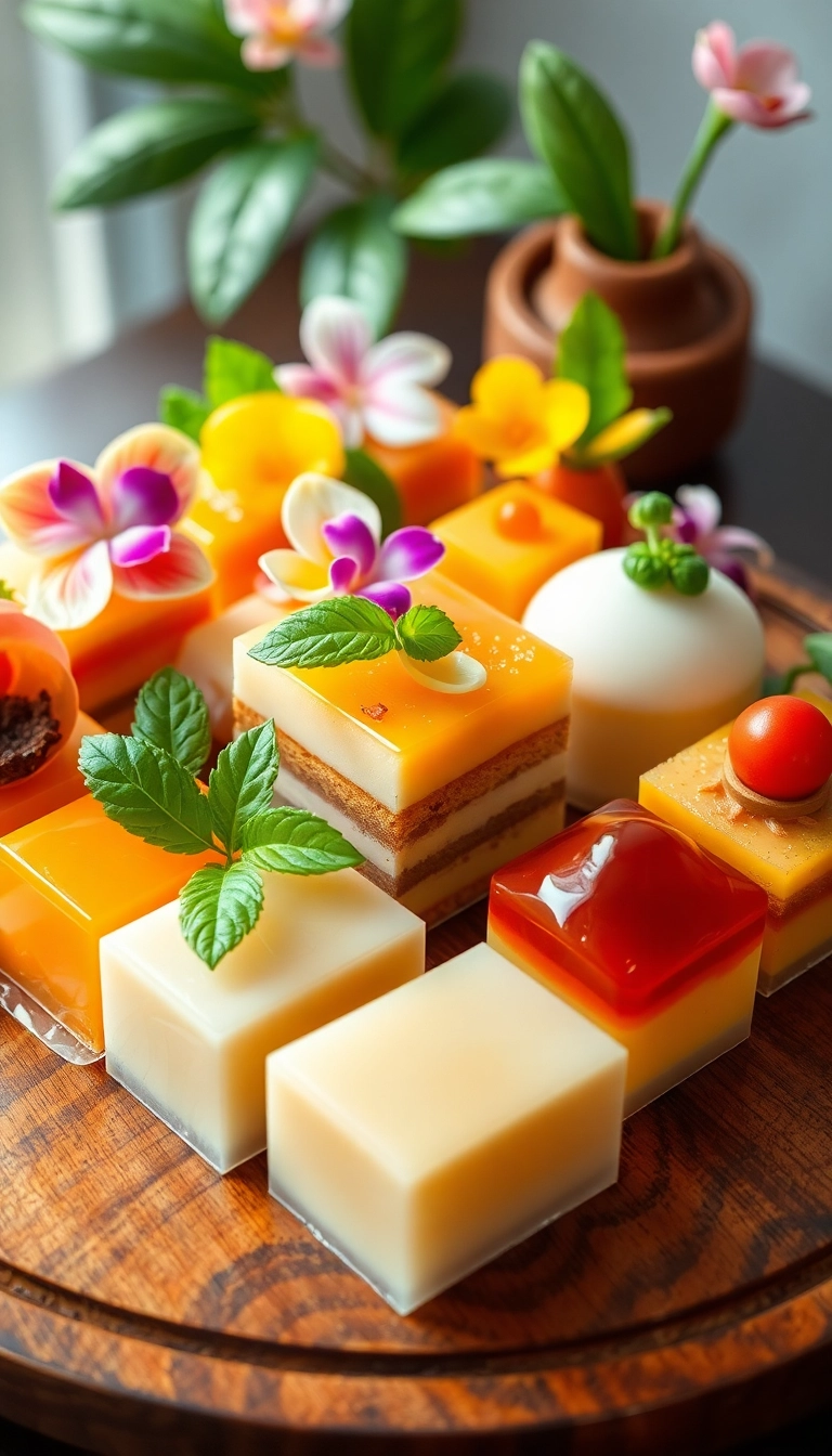 Vietnamese desserts on wooden platter.