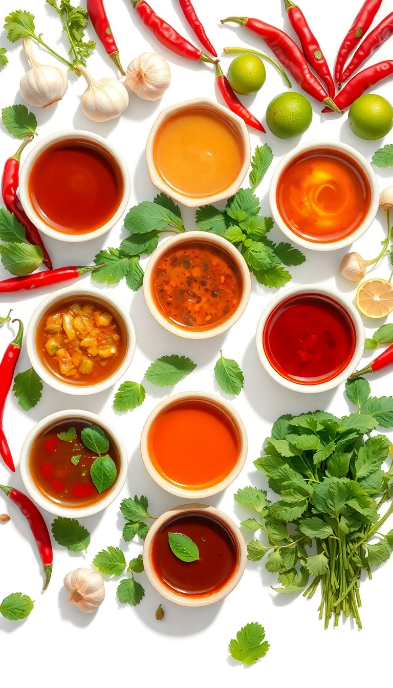 Vietnamese dipping sauces & fresh herbs.