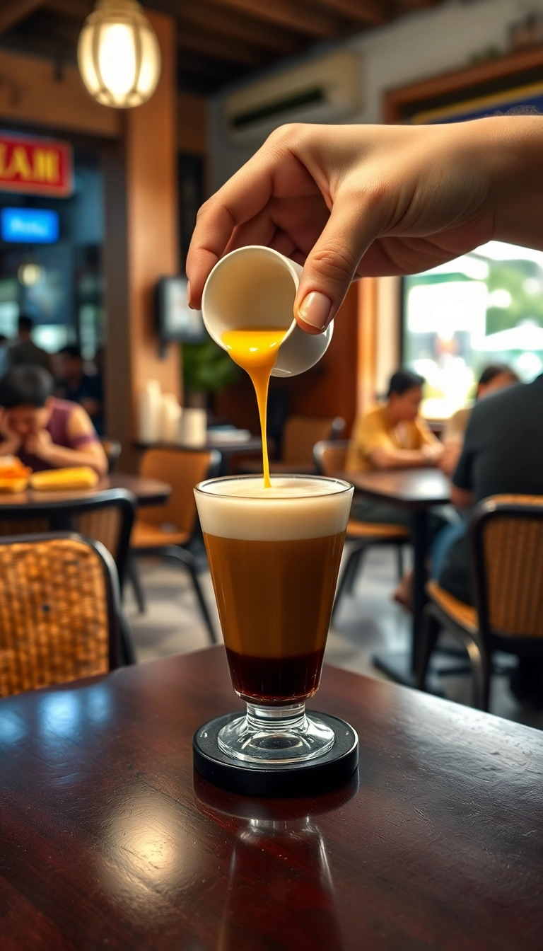 Vietnamese egg coffee being skillfully prepared.