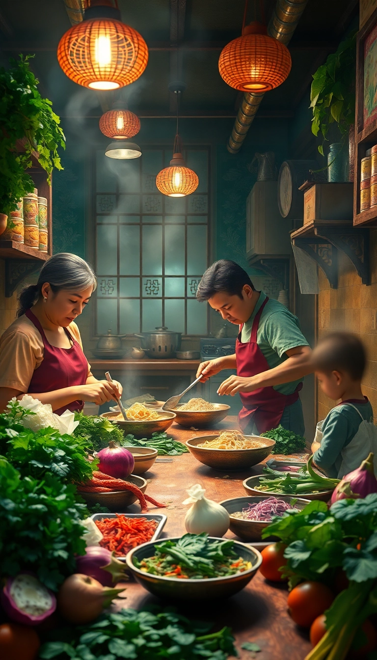Vietnamese family cooking fresh ingredients.