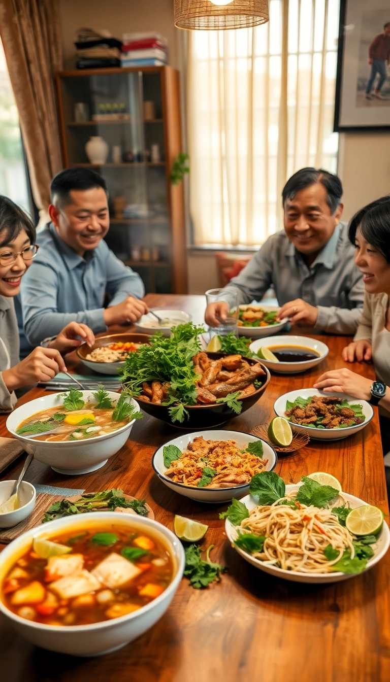 Vietnamese family enjoys a colorful home meal.