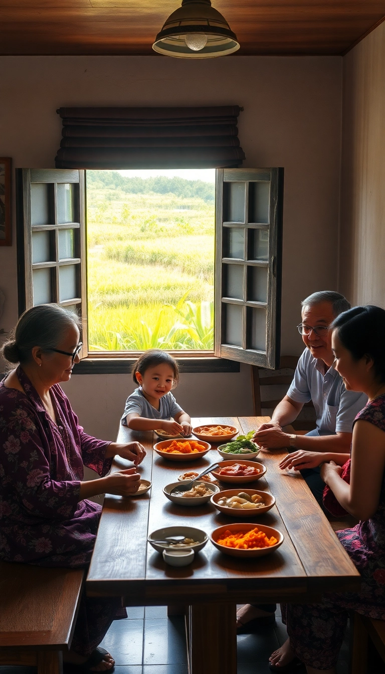 Vietnamese family sharing a meal together.