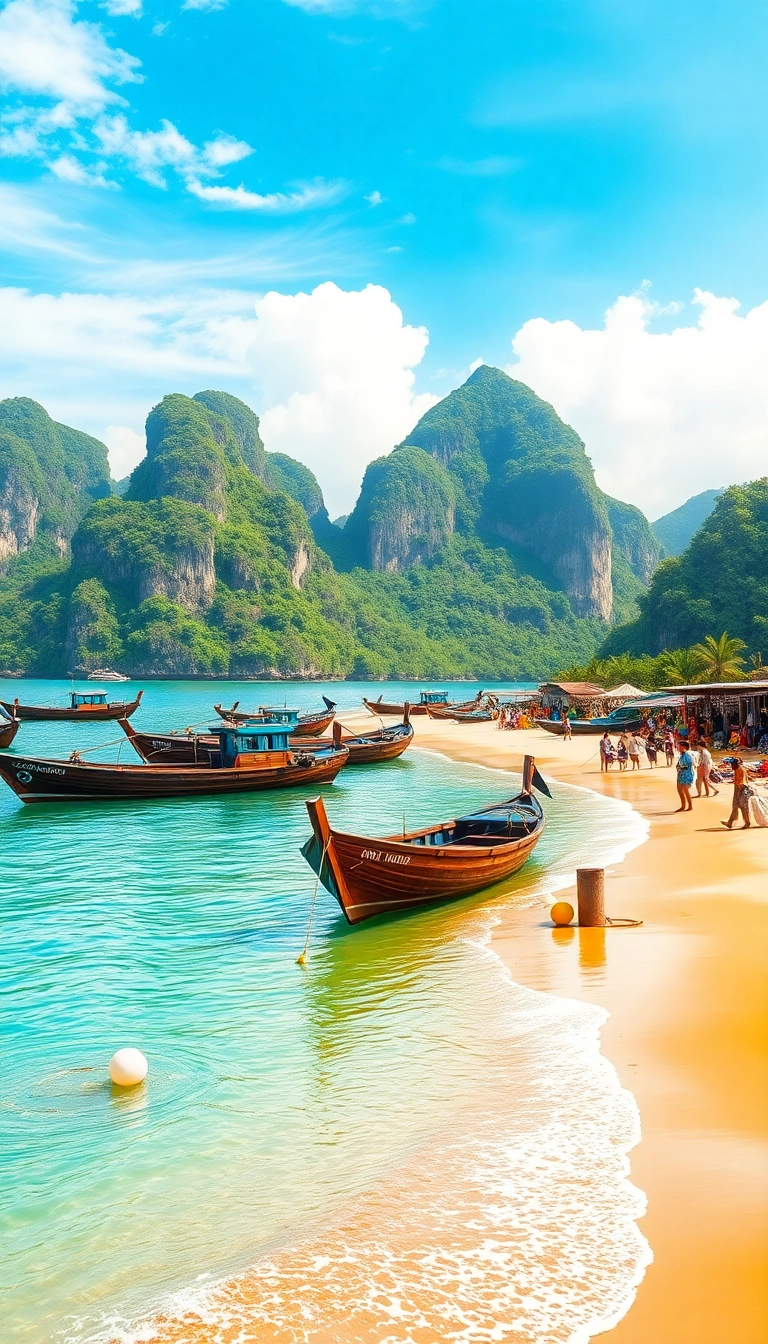 Vietnamese fishing boats & coastal market scene.
