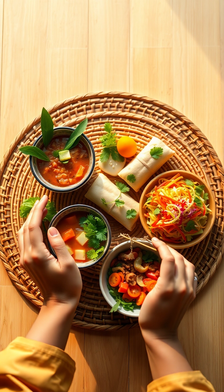 Vietnamese food arrangement with hands.