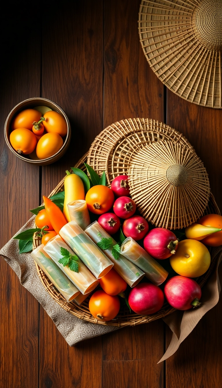 Vietnamese food gift basket, fresh & vibrant.