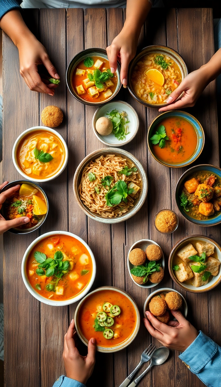Vietnamese food spread, hands sharing meal.