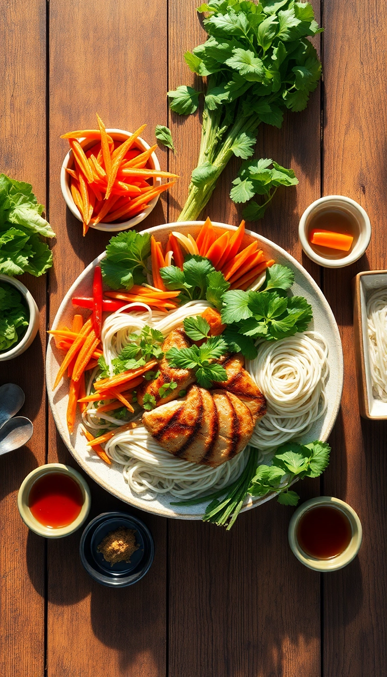Vietnamese food spread on wood table.