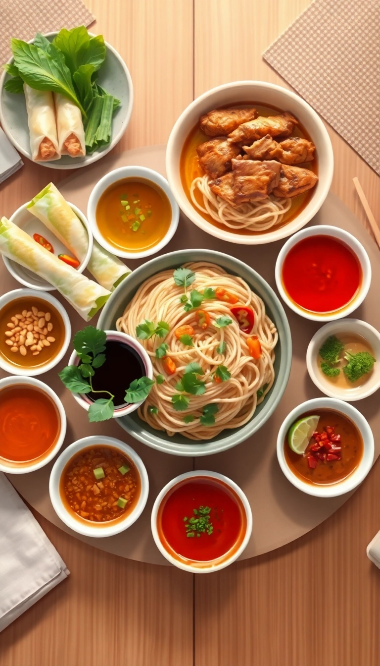Vietnamese food spread with dipping sauces.