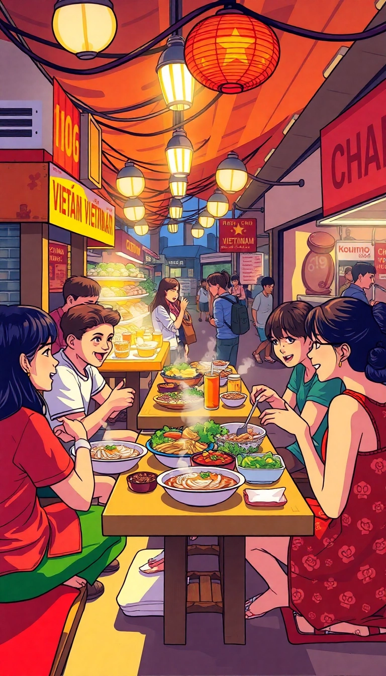 Vietnamese food stall, lively market scene.