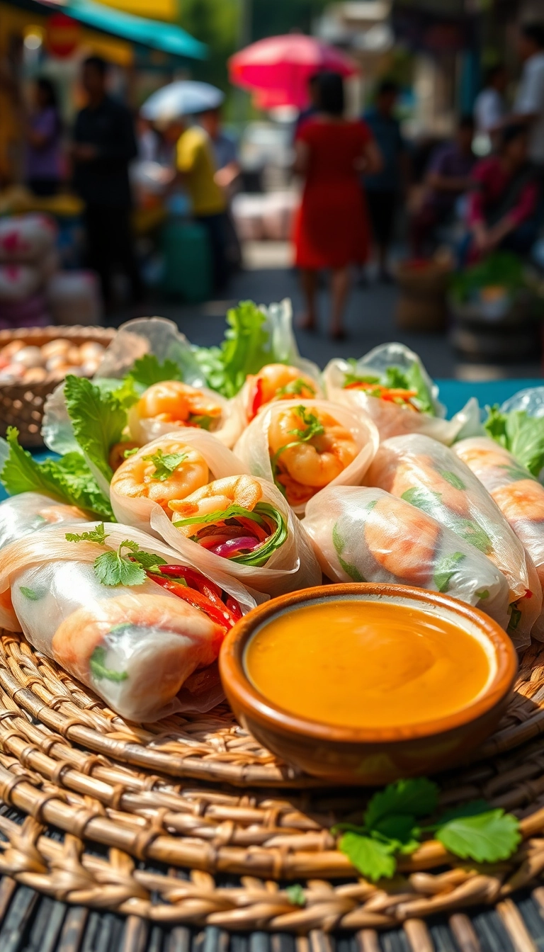 Vietnamese fresh spring rolls with peanut sauce.