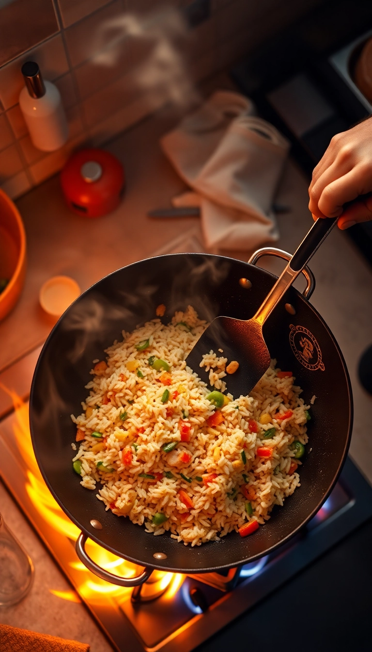 Vietnamese fried rice cooking in a wok.
