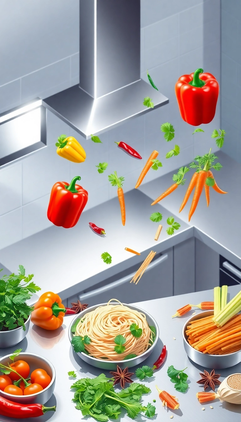 Vietnamese fusion cooking ingredients on steel counter.
