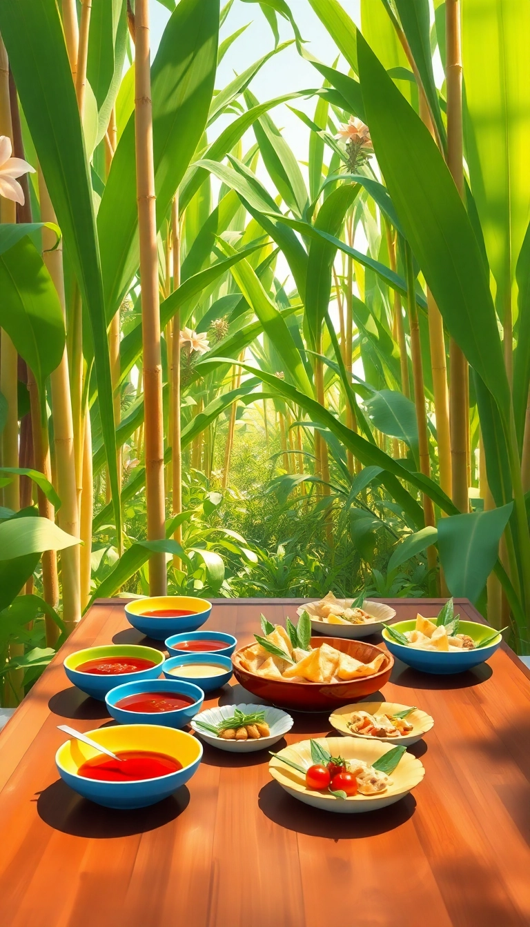 Vietnamese garden dining with fresh appetizers.