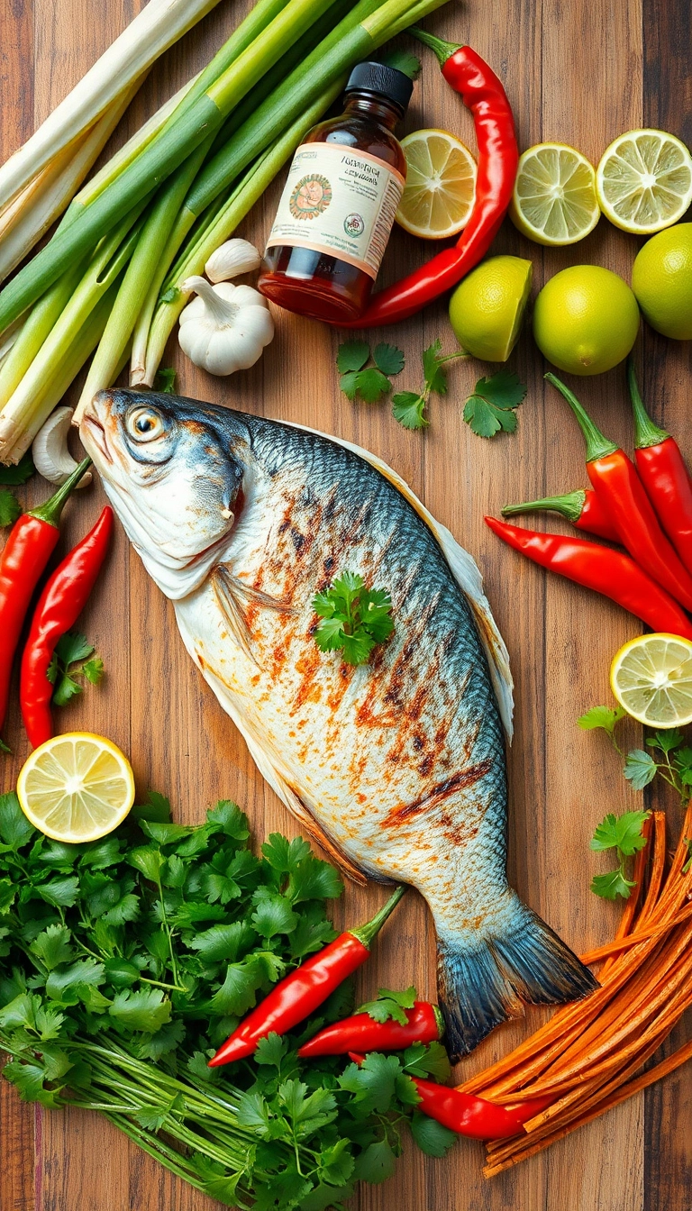 Vietnamese grilled fish with fresh ingredients.