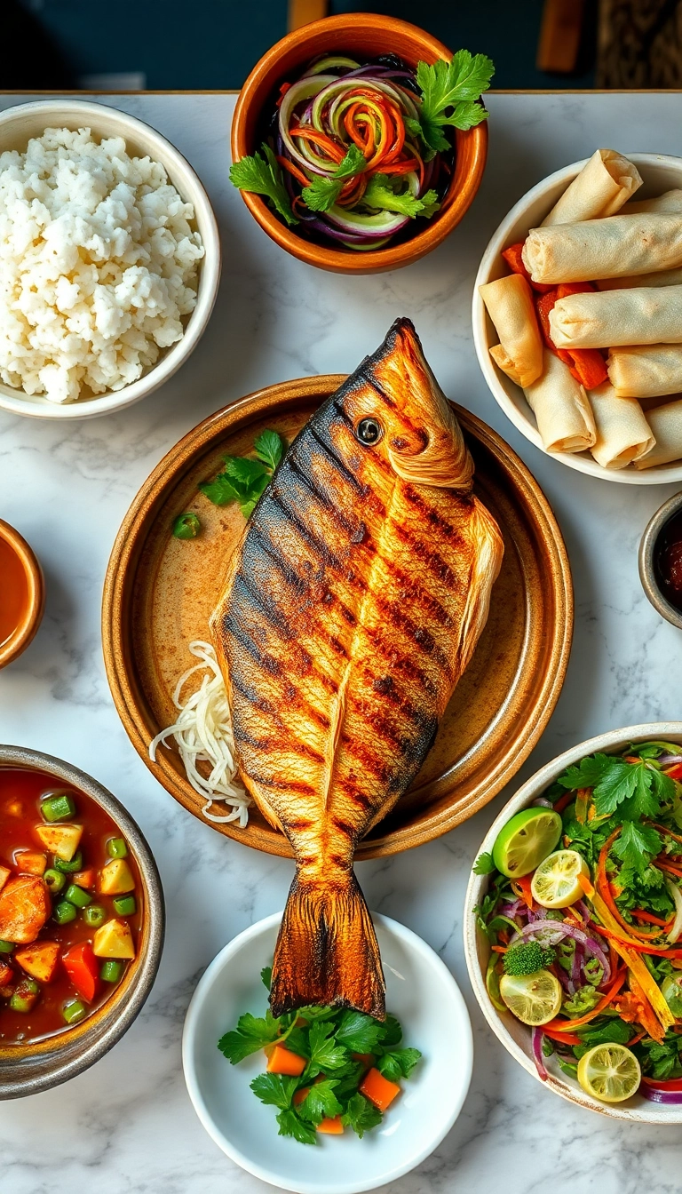 Vietnamese grilled fish with rice & salad.