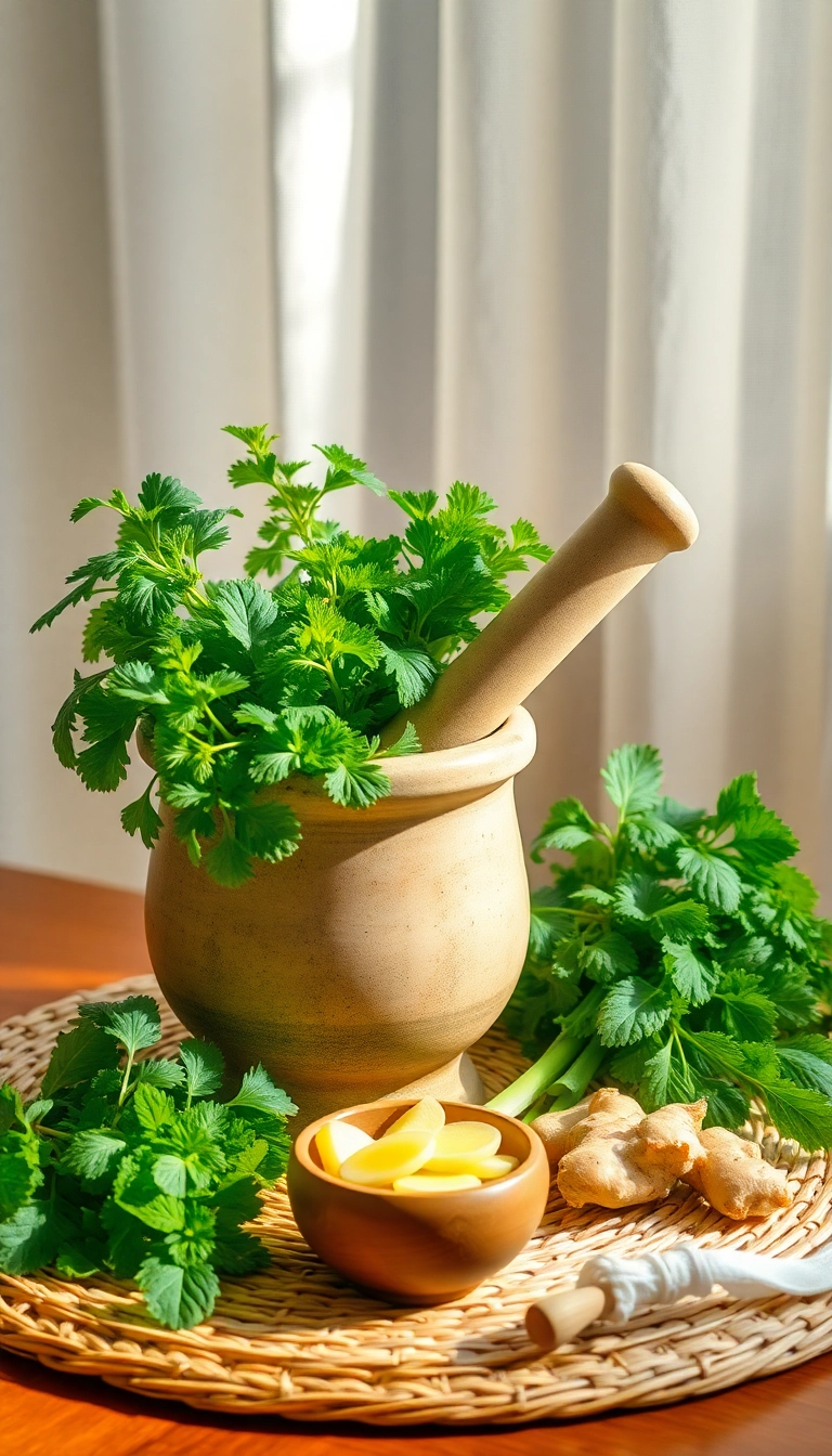 Vietnamese herbs with mortar and pestle.