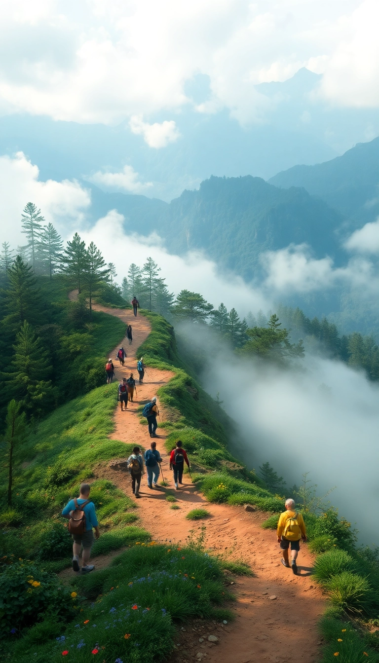 Vietnamese highlands hiking trail with misty peaks.
