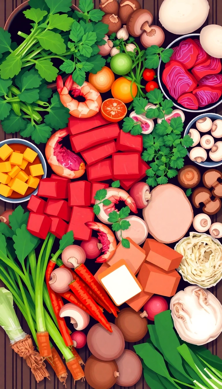 Vietnamese hot pot ingredients, fresh & colorful.